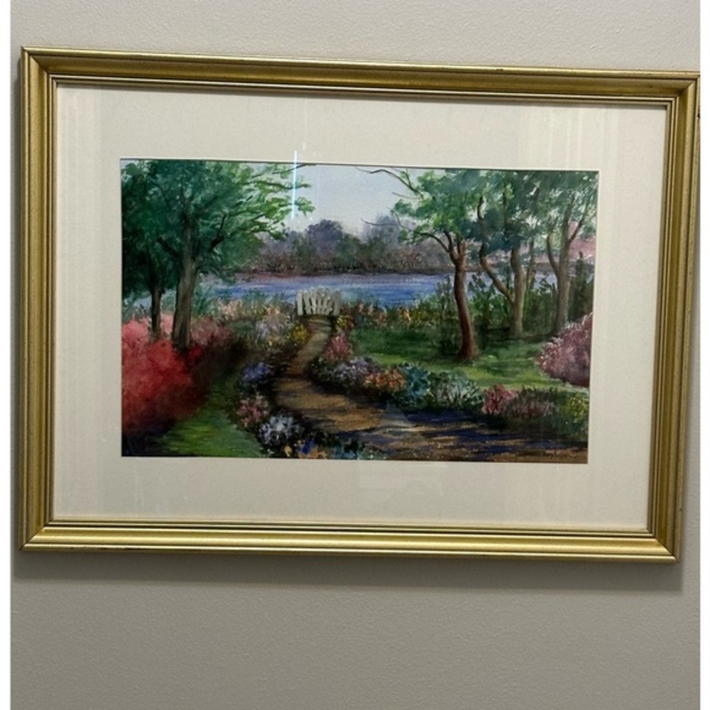 Original Watercolor Painting Size Medium 30” X 22” Garden On The Lake.